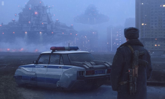 Futuristic Russian Police Car and Officer in City