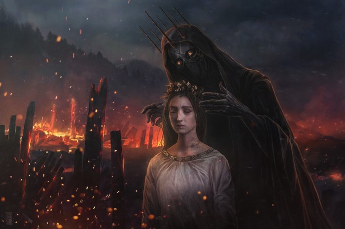 Dark fantasy demon placing crown on a girl's head amidst fire