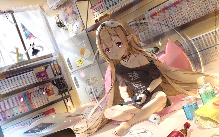 Anime girl with blonde hair playing video games