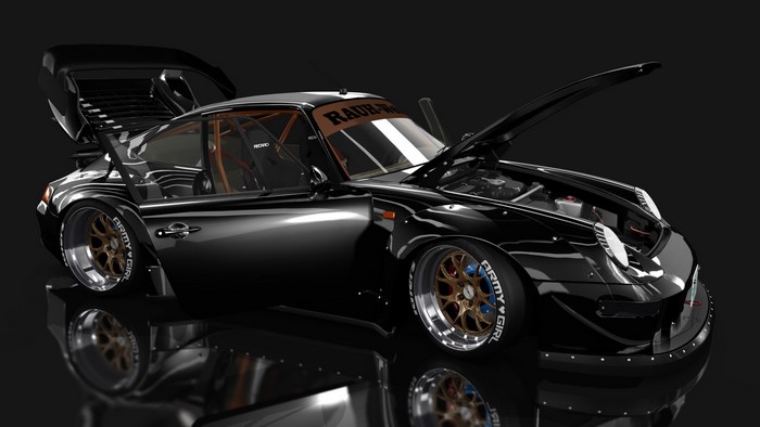 Black Porsche 911 with open hood and doors