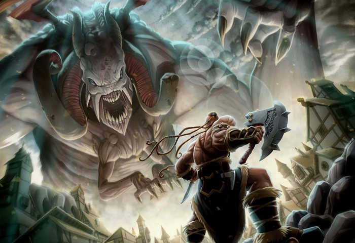 Warrior with Axe fights a large demon creature