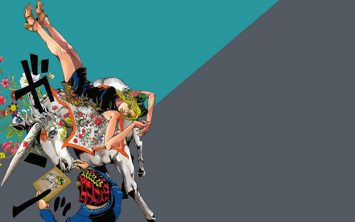 Jolyne Cujoh from JoJo's Bizarre Adventure on a unicorn