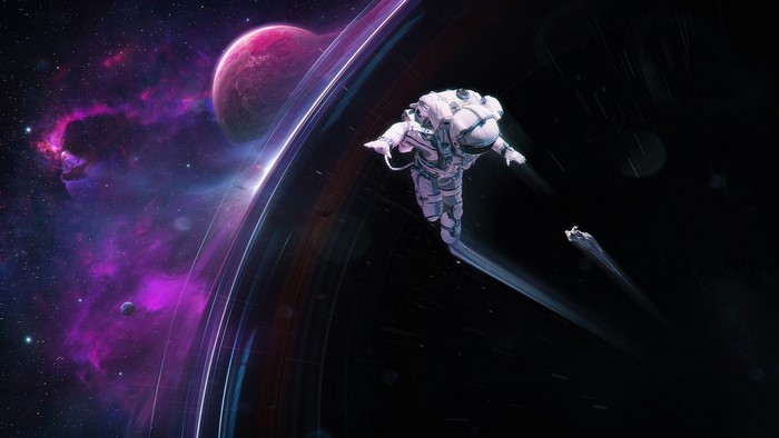 Astronaut Near a Planet and Black Hole in Space