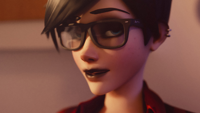Tracer from Overwatch wearing glasses and dark lipstick