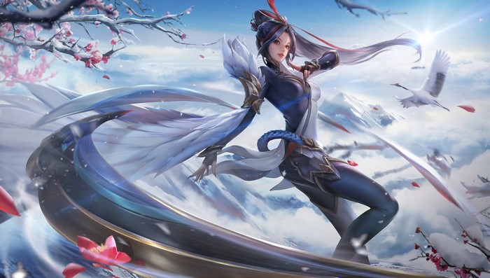 Fantasy girl with cranes in snowy mountains