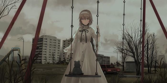 Anime girl on a swing with a teddy bear