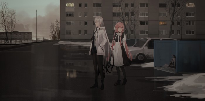 Two anime girls in urban environment with snow