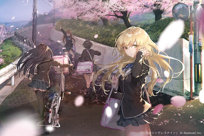 Anime girls in school uniforms walking under cherry blossoms
