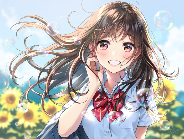 Morikura En Anime Schoolgirl with Sunflowers