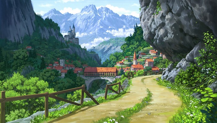 Anime village and castle in a mountain landscape