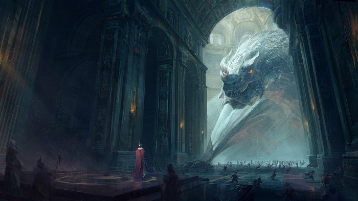 Dragon in a grand hall with a king and soldiers