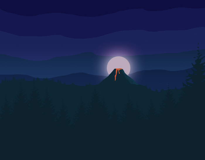 Volcano erupting at night with moonlight over mountains and forest