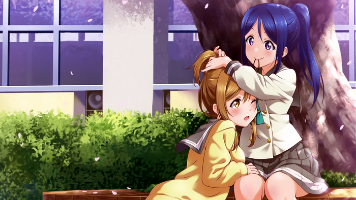 Two girls from Love Live! Sunshine sitting on a bench