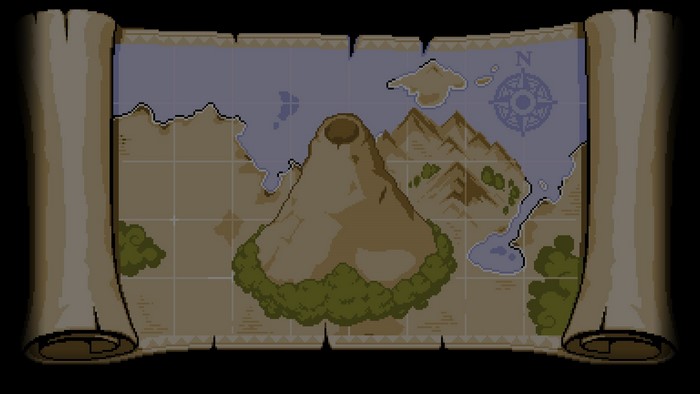 Pixel art map with volcano and compass