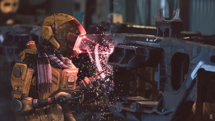 Futuristic robot welding in a workshop