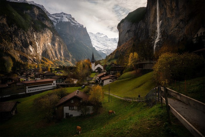 Lauterbrunnen Valley with Staubbach Falls, Switzerland