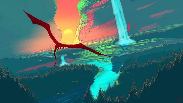 Dragon flying over a forest landscape at sunset with waterfalls