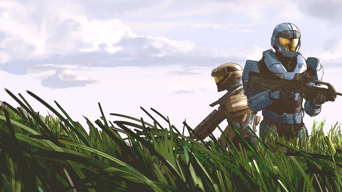 Two soldiers in Halo armor in tall grass