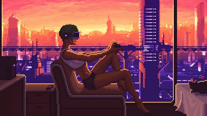 Pixel art cyberpunk woman in VR headset at sunset