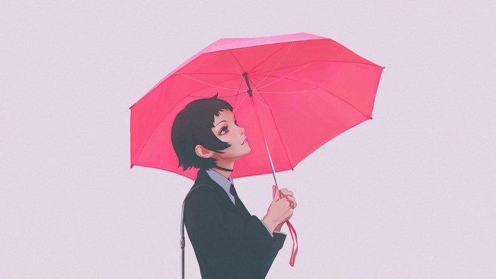 Woman with short black hair holding a pink umbrella