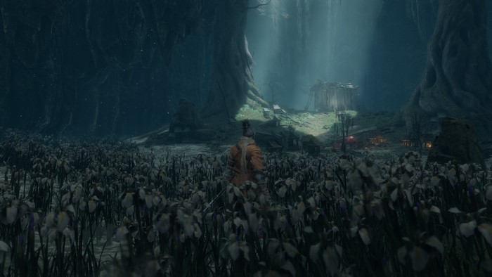 Sekiro: Shadows Die Twice character in a field of flowers