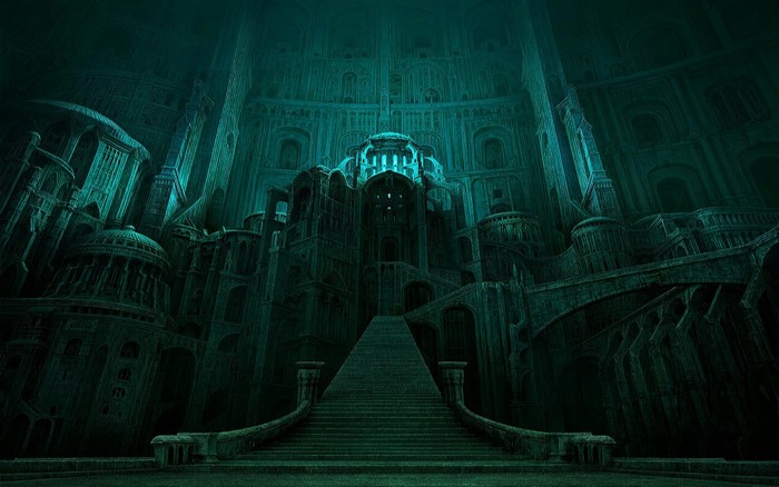 Dark fantasy underwater ancient city architecture