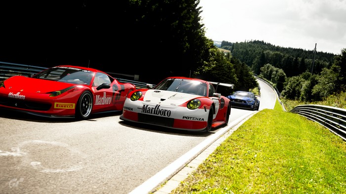 Ferrari 458, Porsche 911, and Ford Mustang on Nürburgring