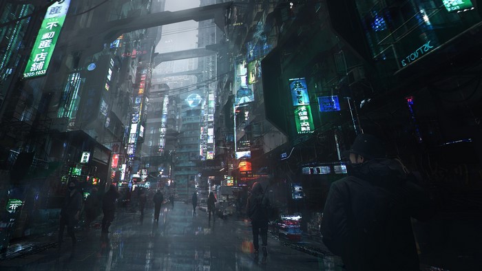 Futuristic cyberpunk city street at night