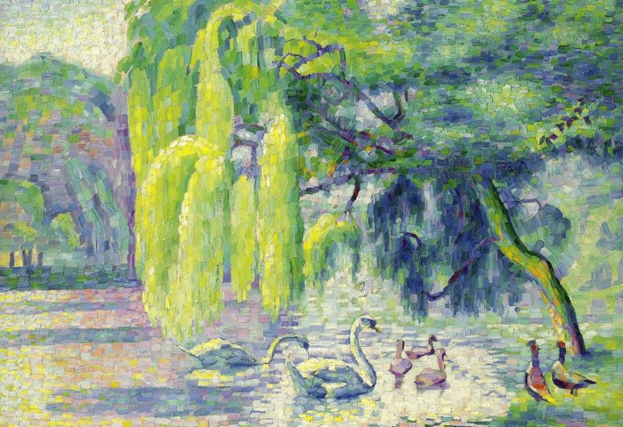 Painting of swans and ducks in a pond with weeping willows