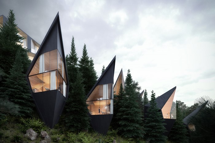 Modern geometric cabins nestled in a pine forest