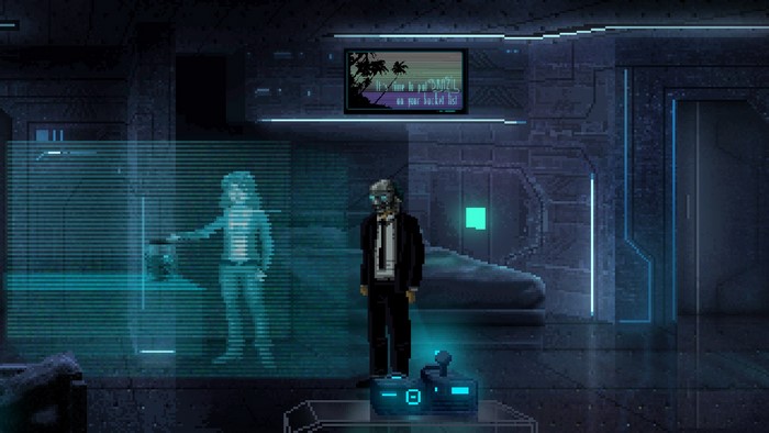 Pixel art cyberpunk scene with hologram and man in suit