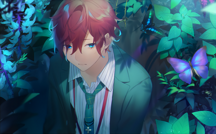 Anime boy with red hair and blue eyes in a garden with butterflies