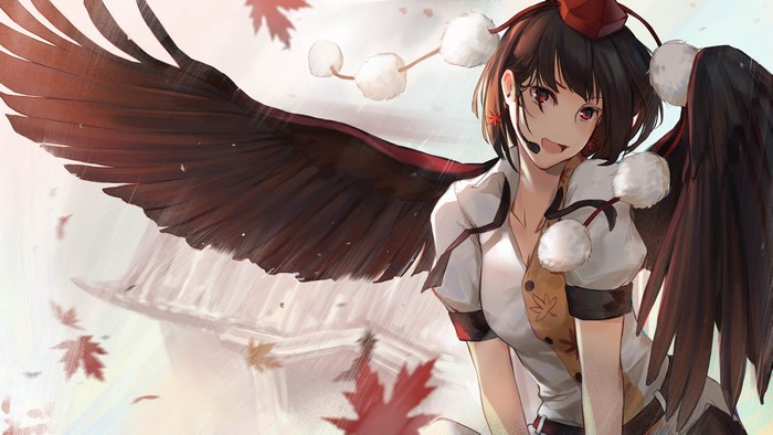 Shameimaru Aya from Touhou with wings in fall