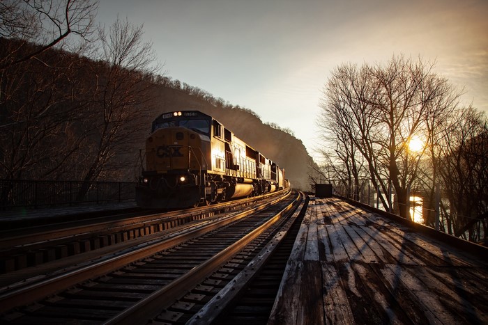 CSX train on tracks at sunset