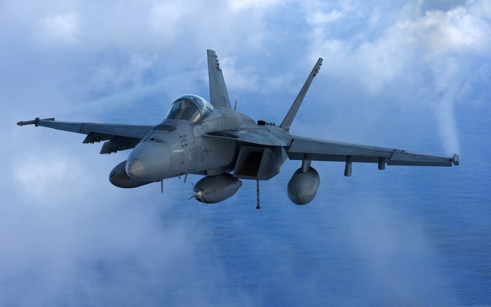 McDonnell Douglas F/A-18 Hornet flying over the ocean