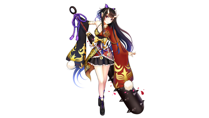 Anime demon girl with horns holding a spiked weapon