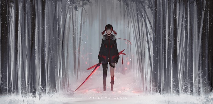 Anime girl with sword in snowy forest