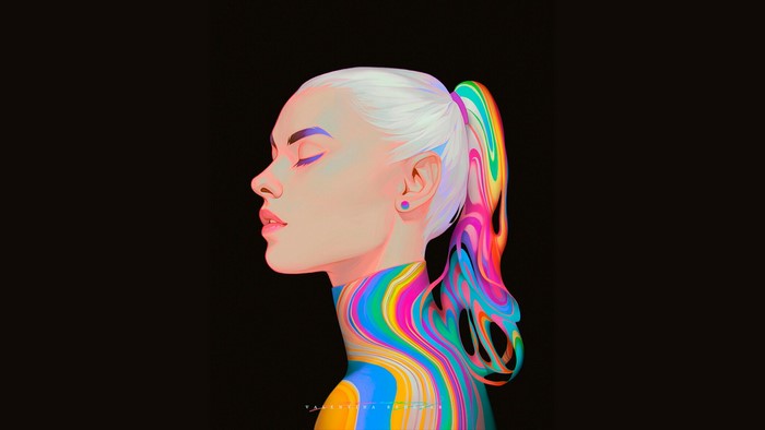 Digital art portrait of a woman with colorful hair and body