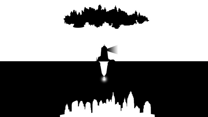 Columbia and Rapture skylines with lighthouse from Bioshock