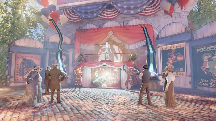 People at a Vigor advertisement stage in BioShock Infinite