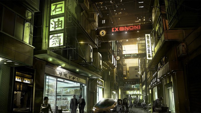 Cyberpunk city street at night with neon signs