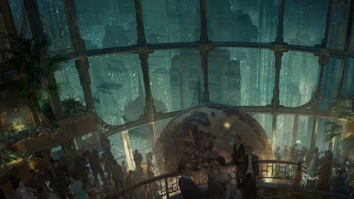 People in a grand hall overlooking a futuristic city