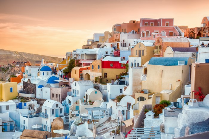 Colorful buildings on a hillside in Santorini, Greece