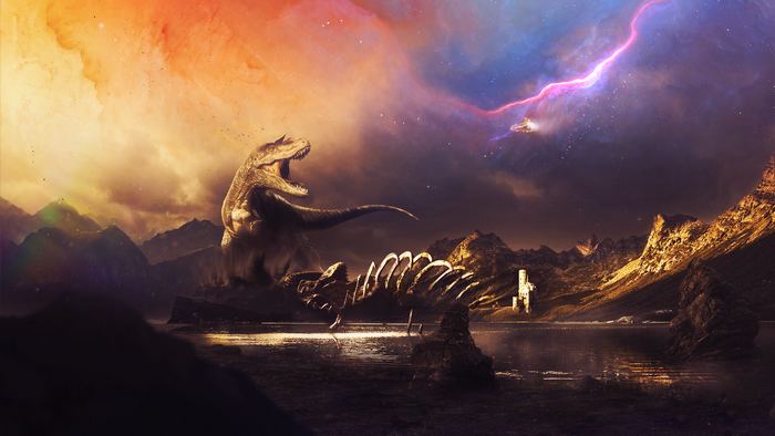 Dinosaur skeleton and spaceship in a nebula