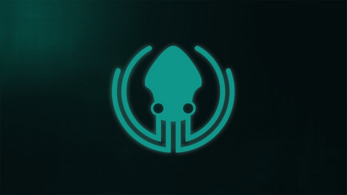 Teal squid logo on dark background