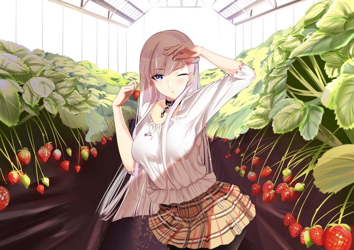 Belfast from Azur Lane in a greenhouse with strawberries