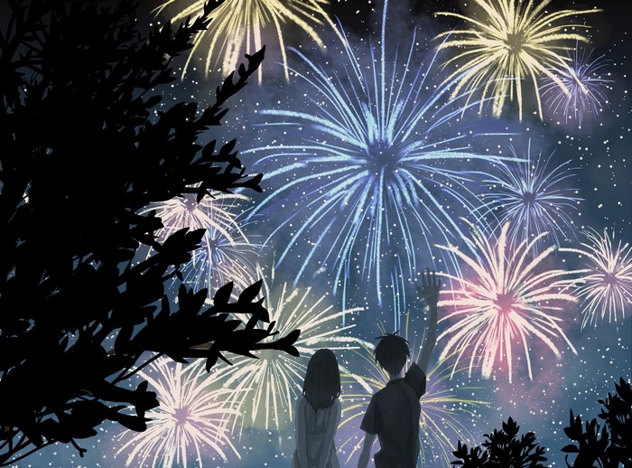 Anime couple watching fireworks under the stars