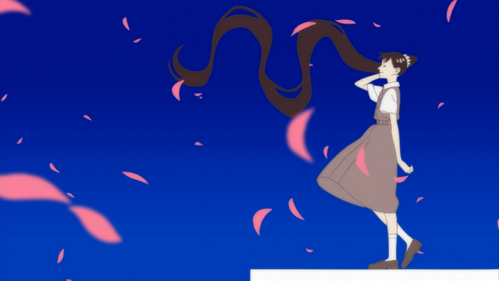 Anime girl with long hair and falling petals