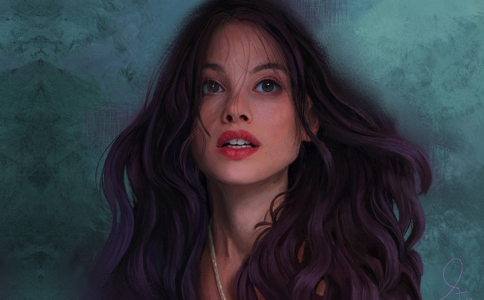 Digital painting of a woman with dark hair and red lipstick