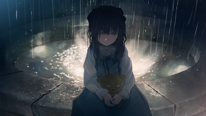 Anime Girl Sitting by Rainy Fountain at Night